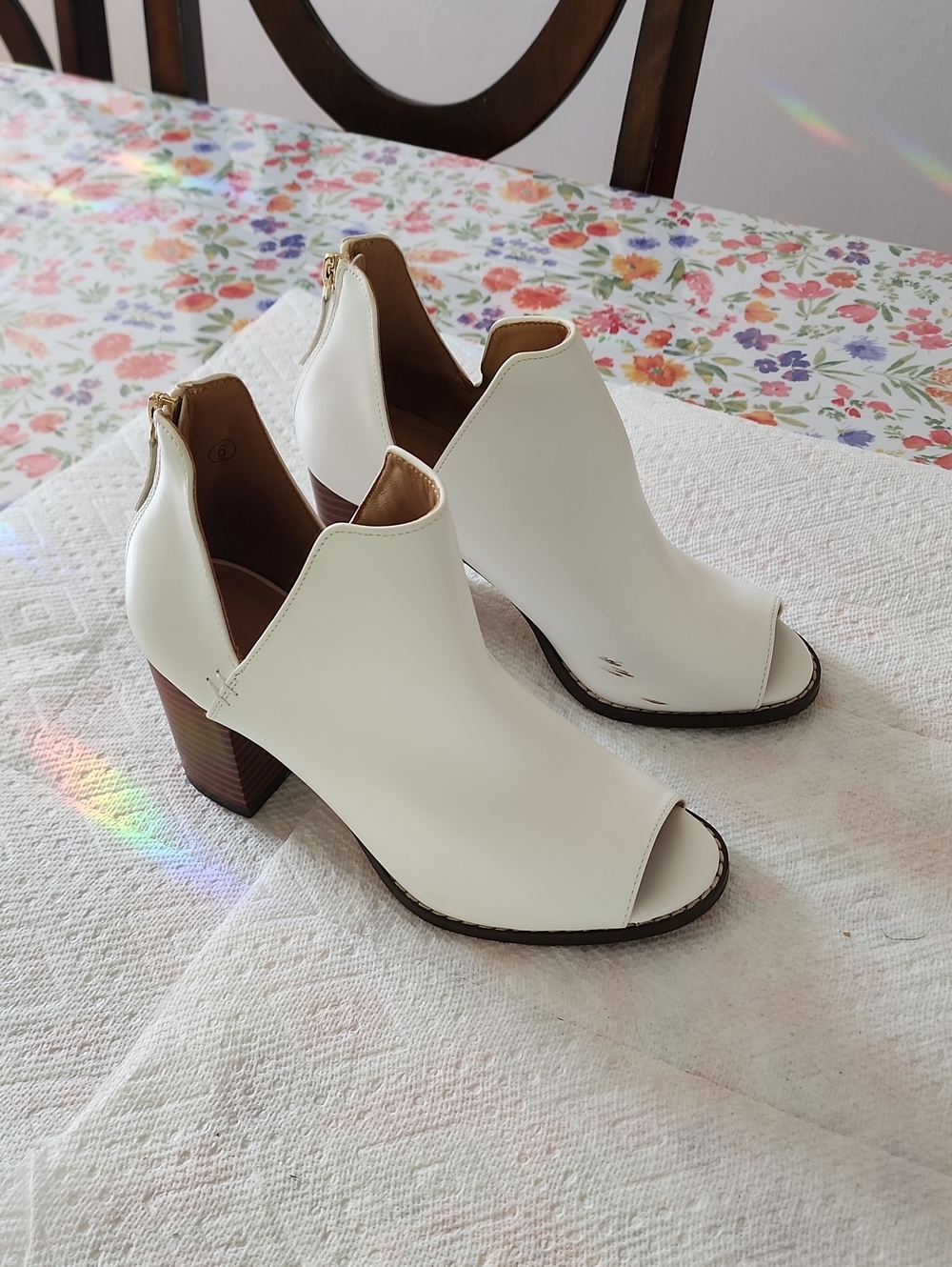 Women's White Peep-Toe Block Heel Booties with Back Zip